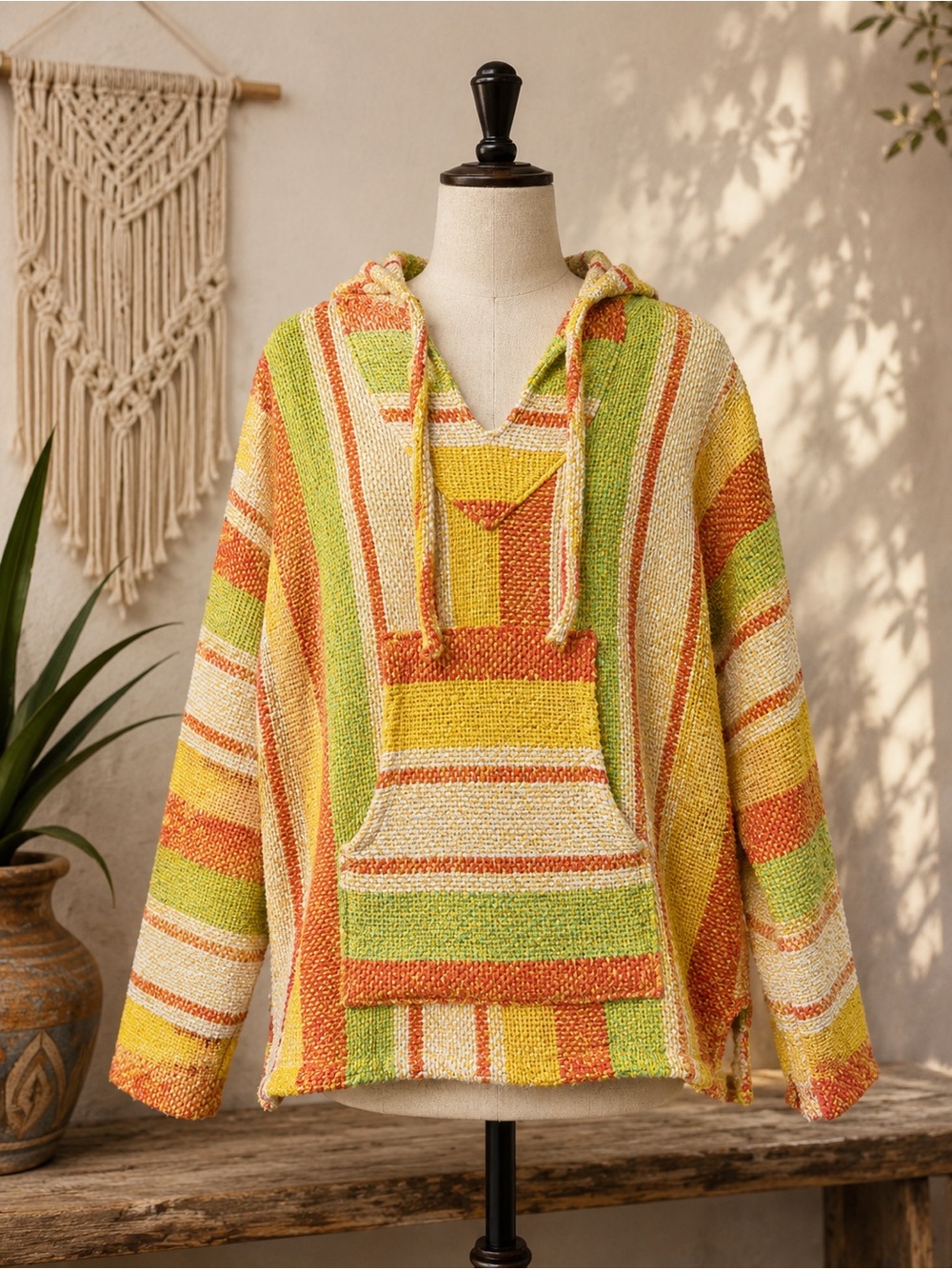 Vintage Baja Hoodie - Wooven Boho Festival Surfwear - Size M
